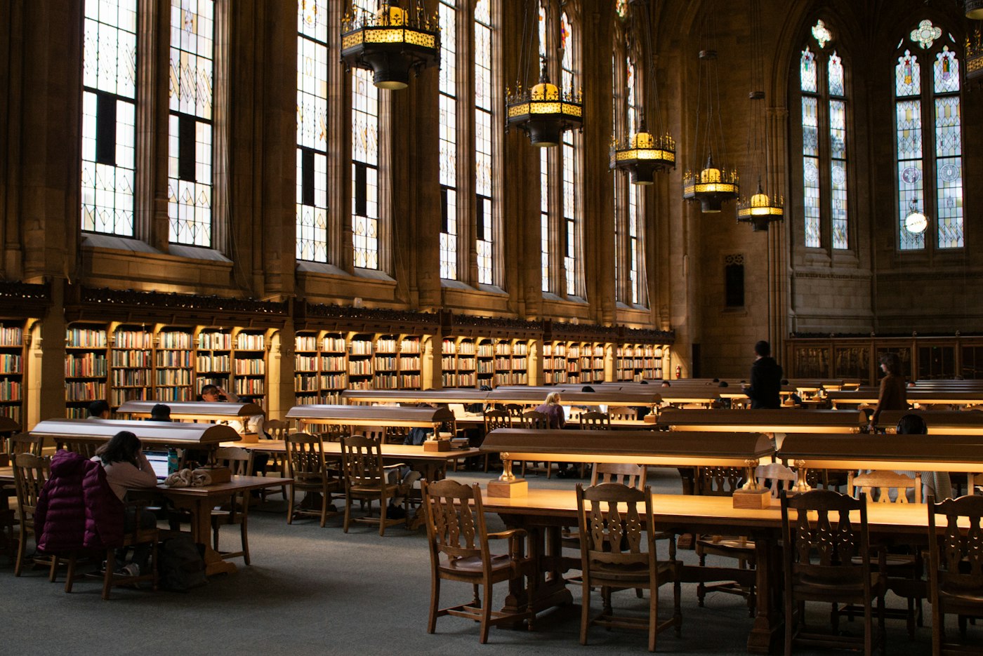 Students studying in a large traditional library